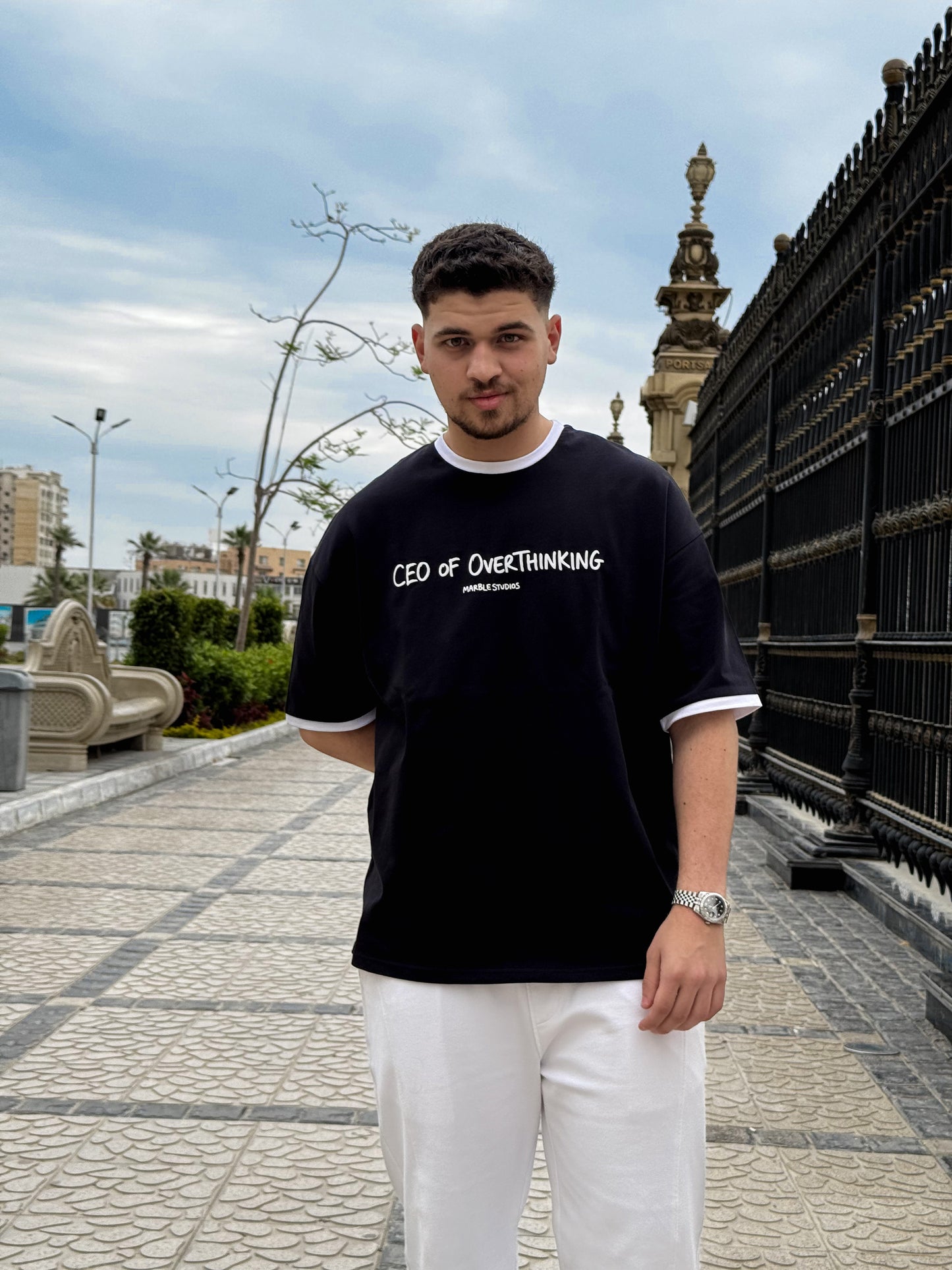 Black & White “CEO OF OVERTHINKING” Ringer Oversized T-Shirt