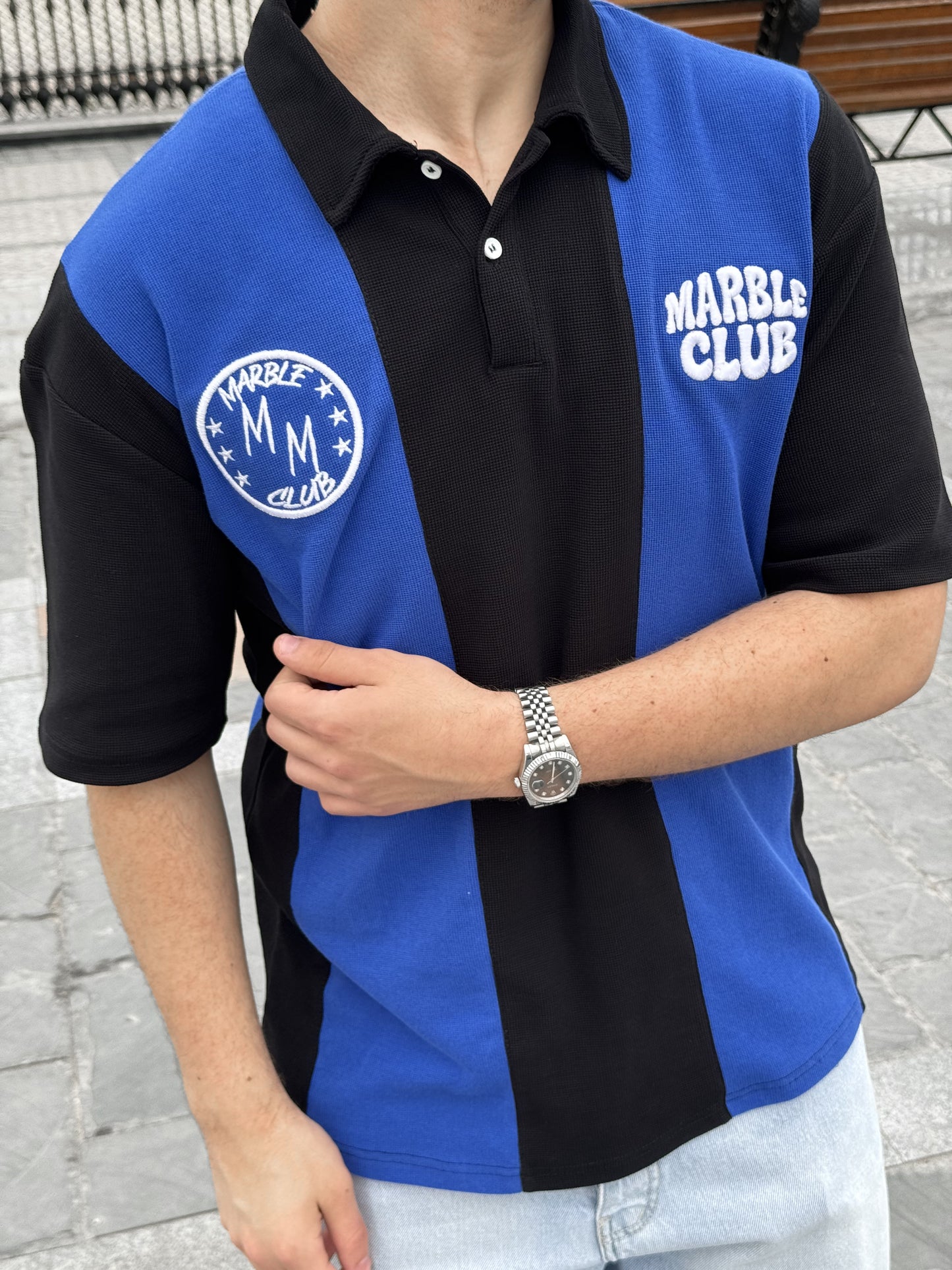 Blue & Black “Marble Club” Oversized Polo T-Shirt