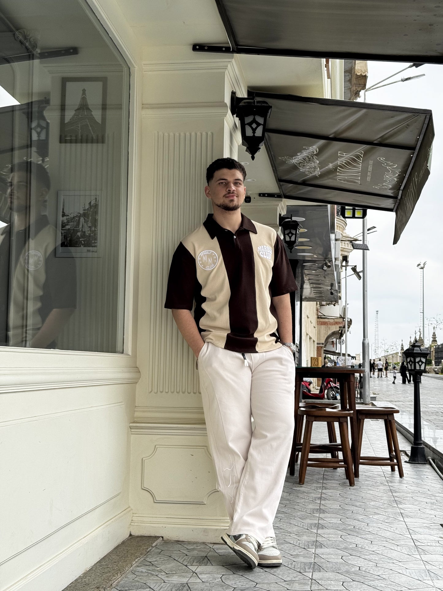 Beige & Brown “Marble Club” Oversized Polo T-Shirt