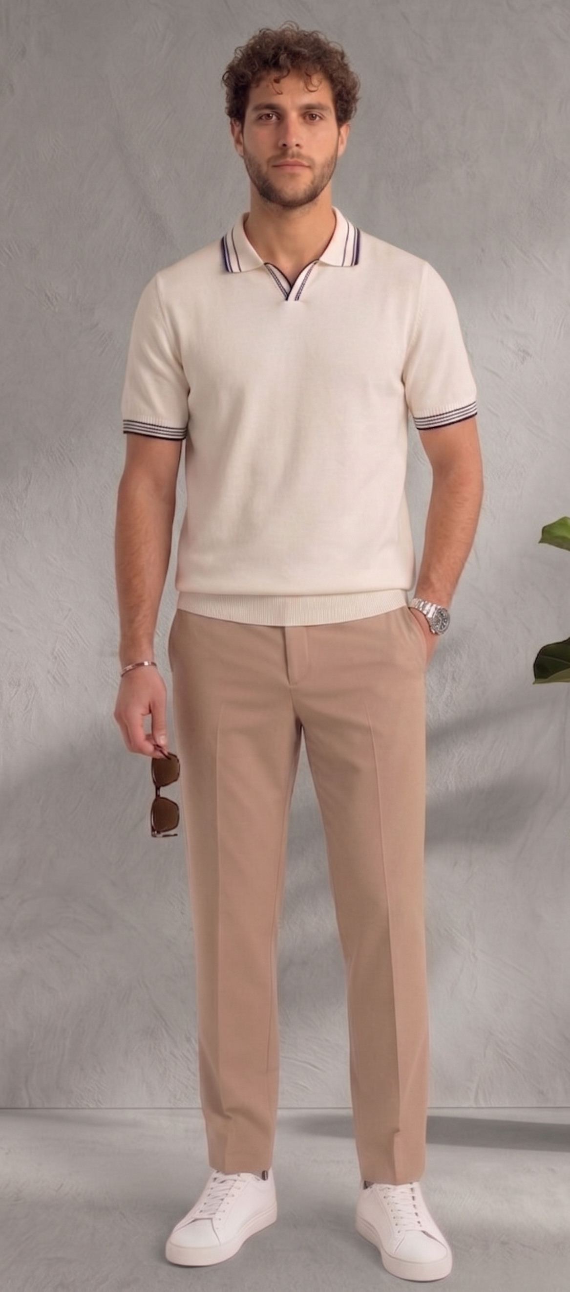 Tipped Open Collar Knit Polo - Off-White