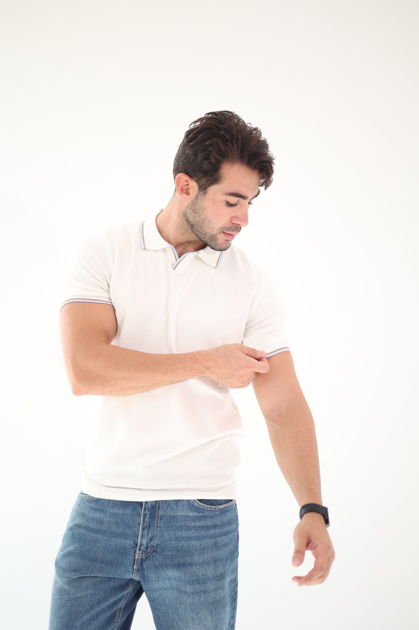 Off-White Knit Polo with Contrast Trim