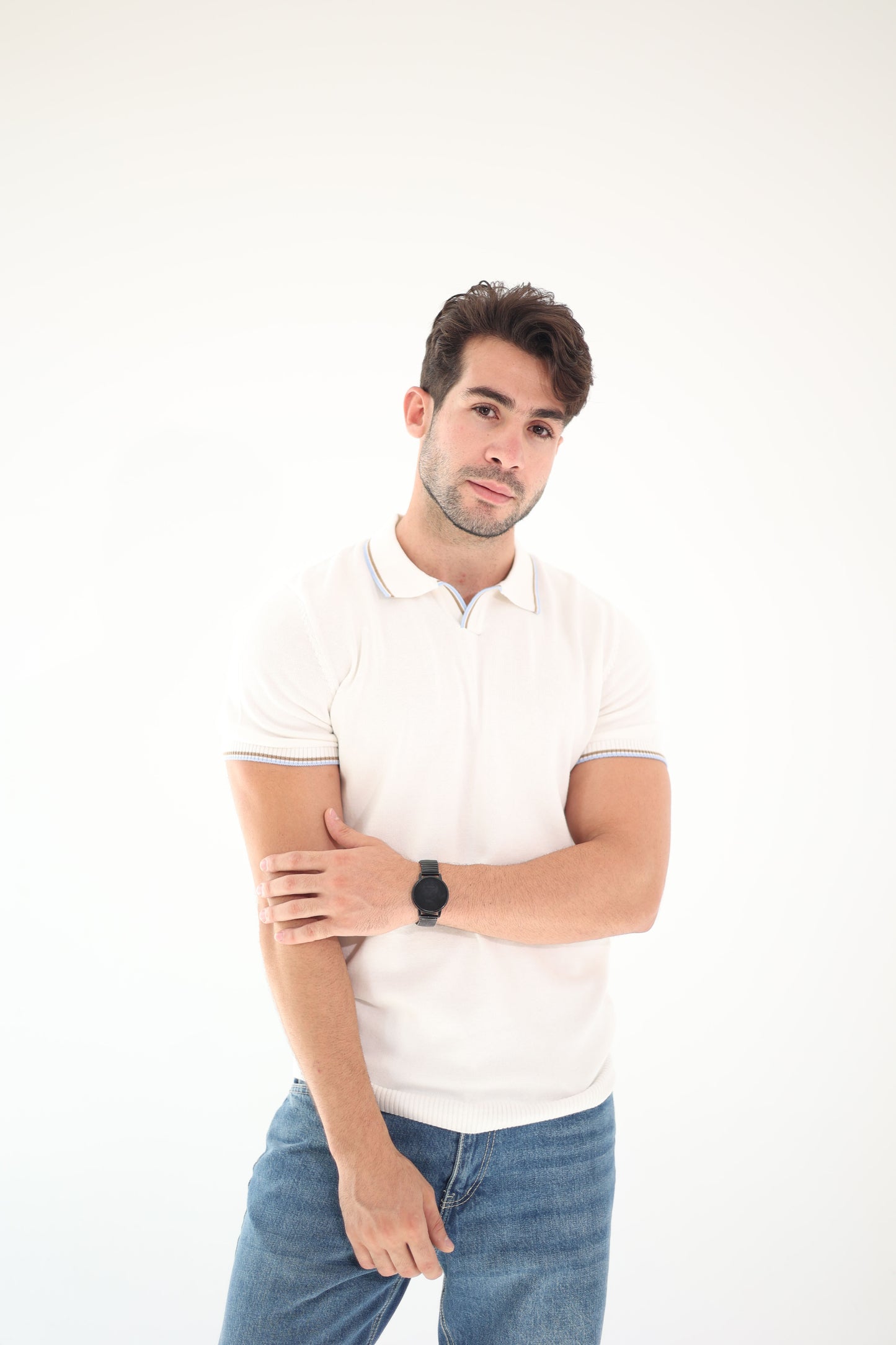 Off-White Knit Polo with Contrast Trim