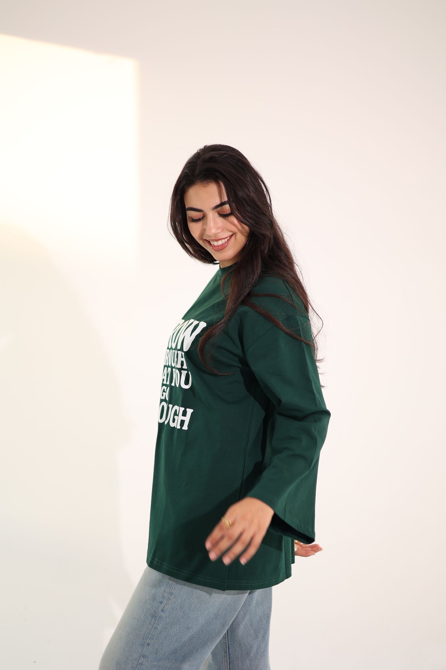 Printed dark green long sleeves oversized T-shirt
