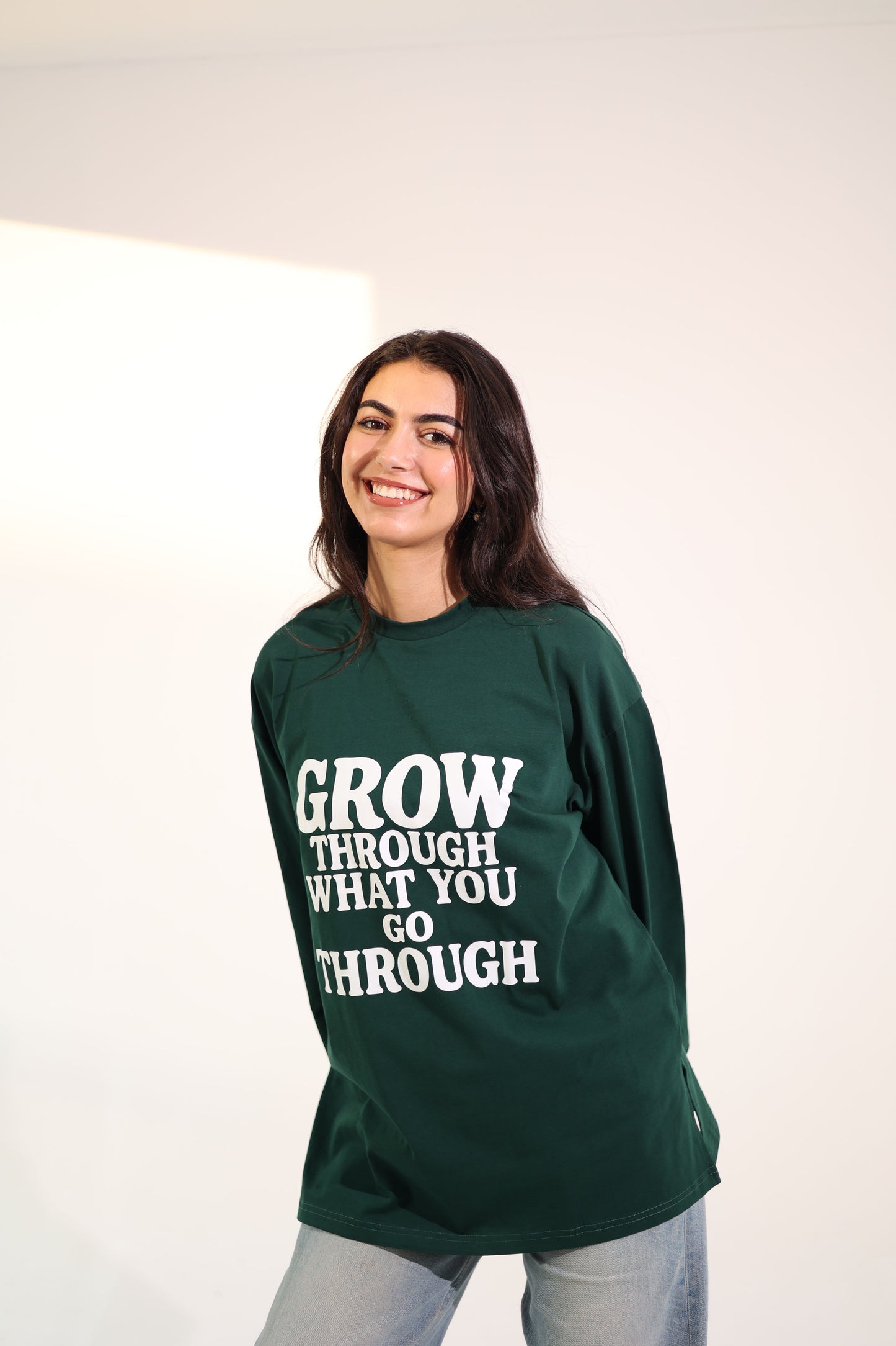 Printed dark green long sleeves oversized T-shirt