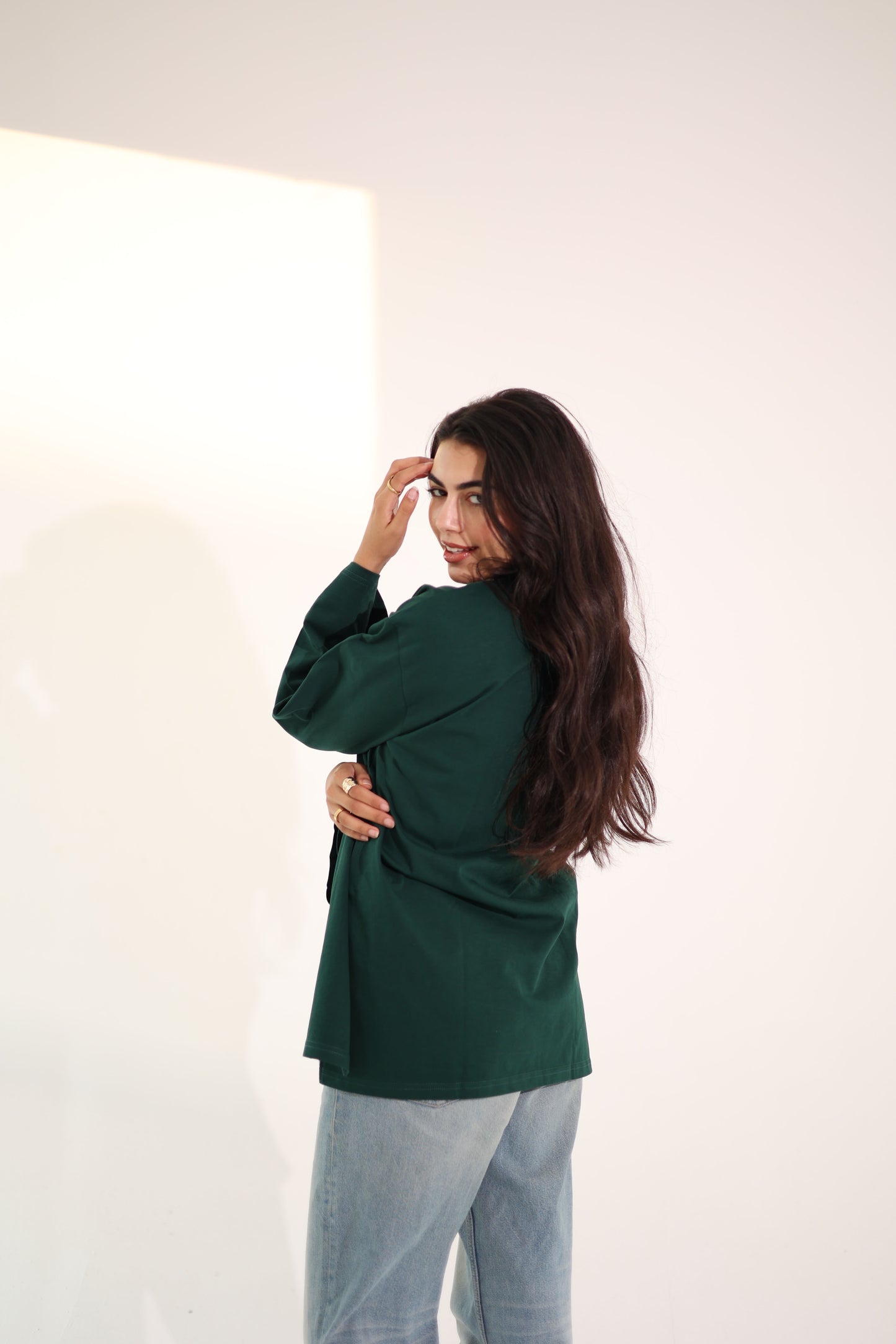 Printed dark green long sleeves oversized T-shirt