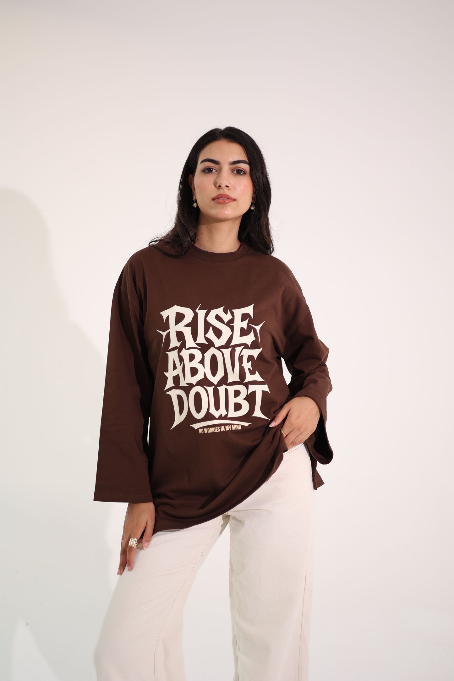 Printed Brown long sleeves oversized T-shirt