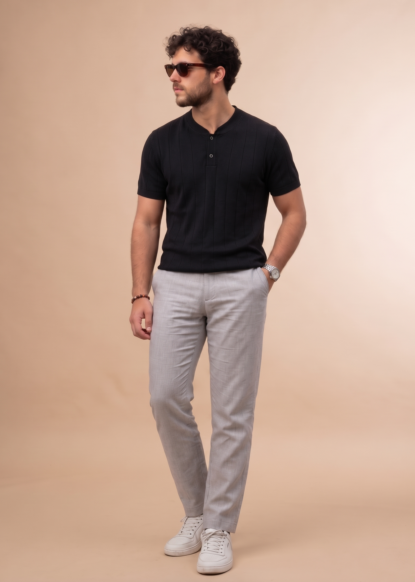 Vertical Rib Henley Knit - Black