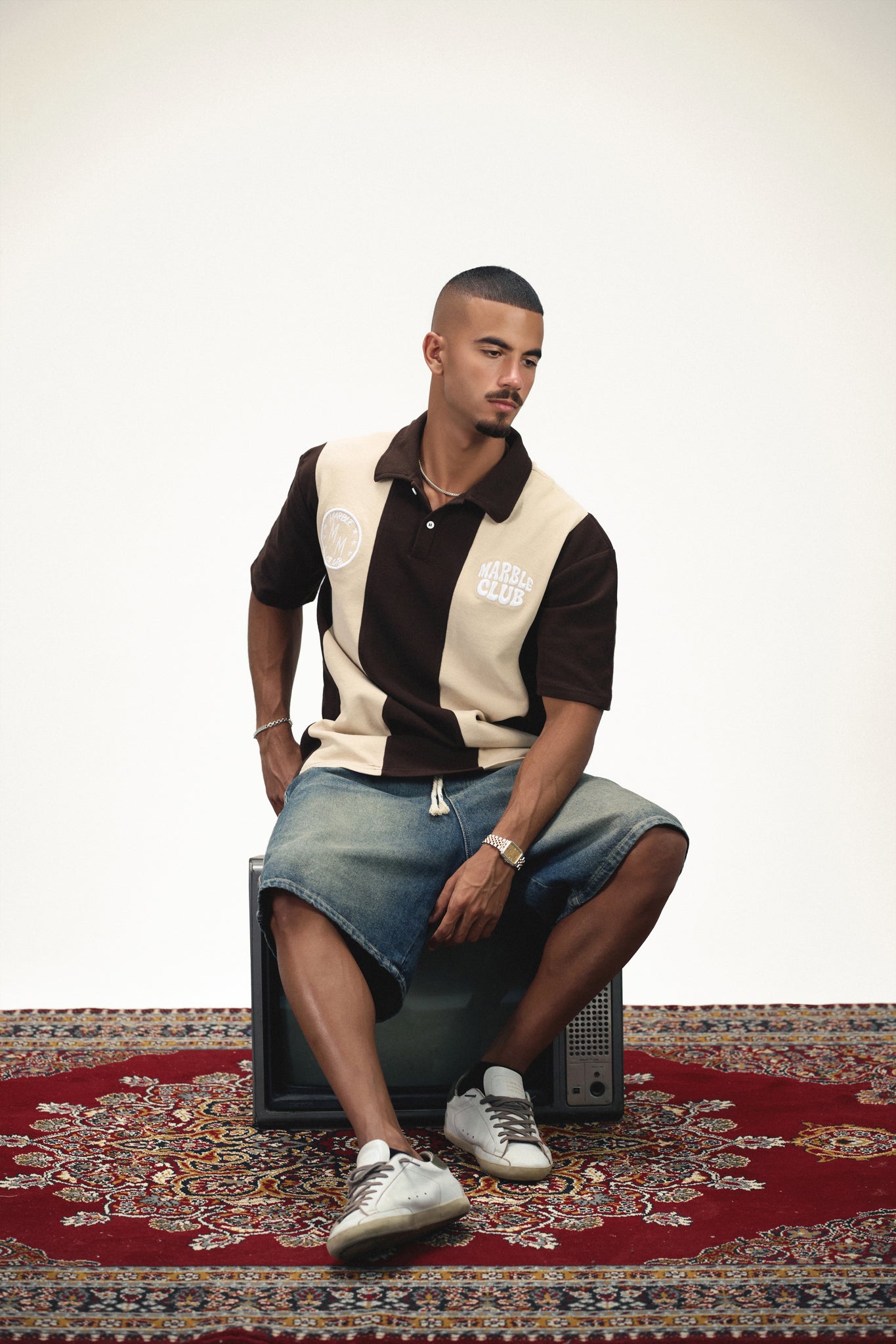 Beige & Brown “Marble Club” Oversized Polo T-Shirt