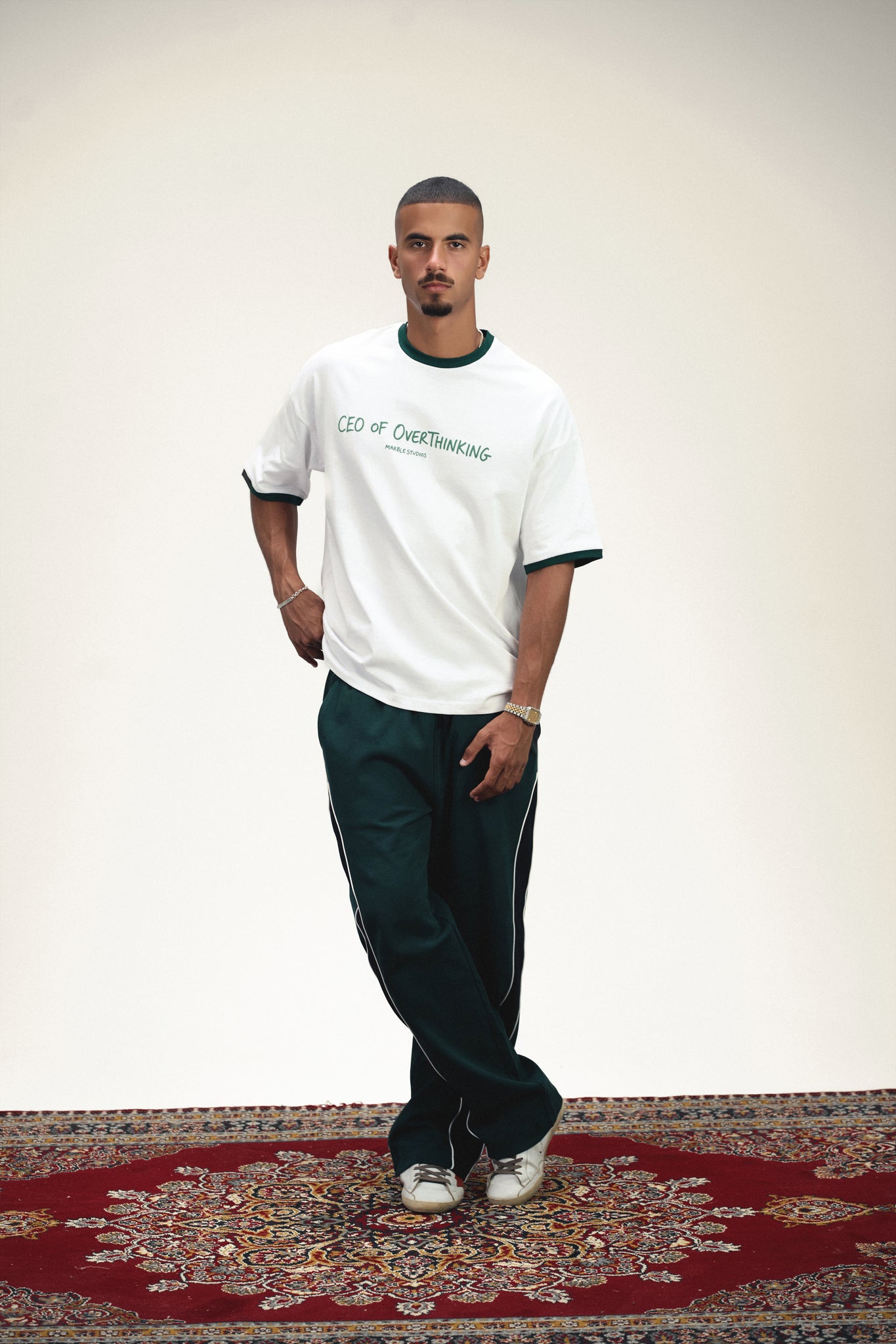 White & Dark Green “CEO OF OVERTHINKING” Ringer Oversized T-Shirt