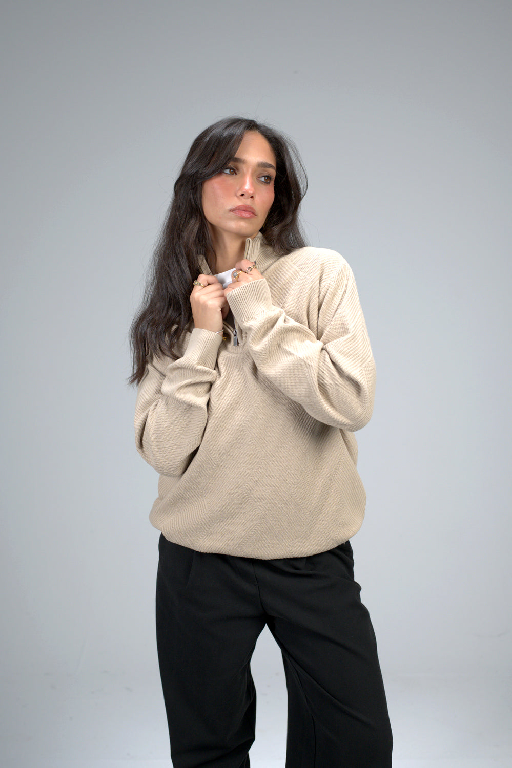 Beige Zip Knit Sweater – Textured Pattern