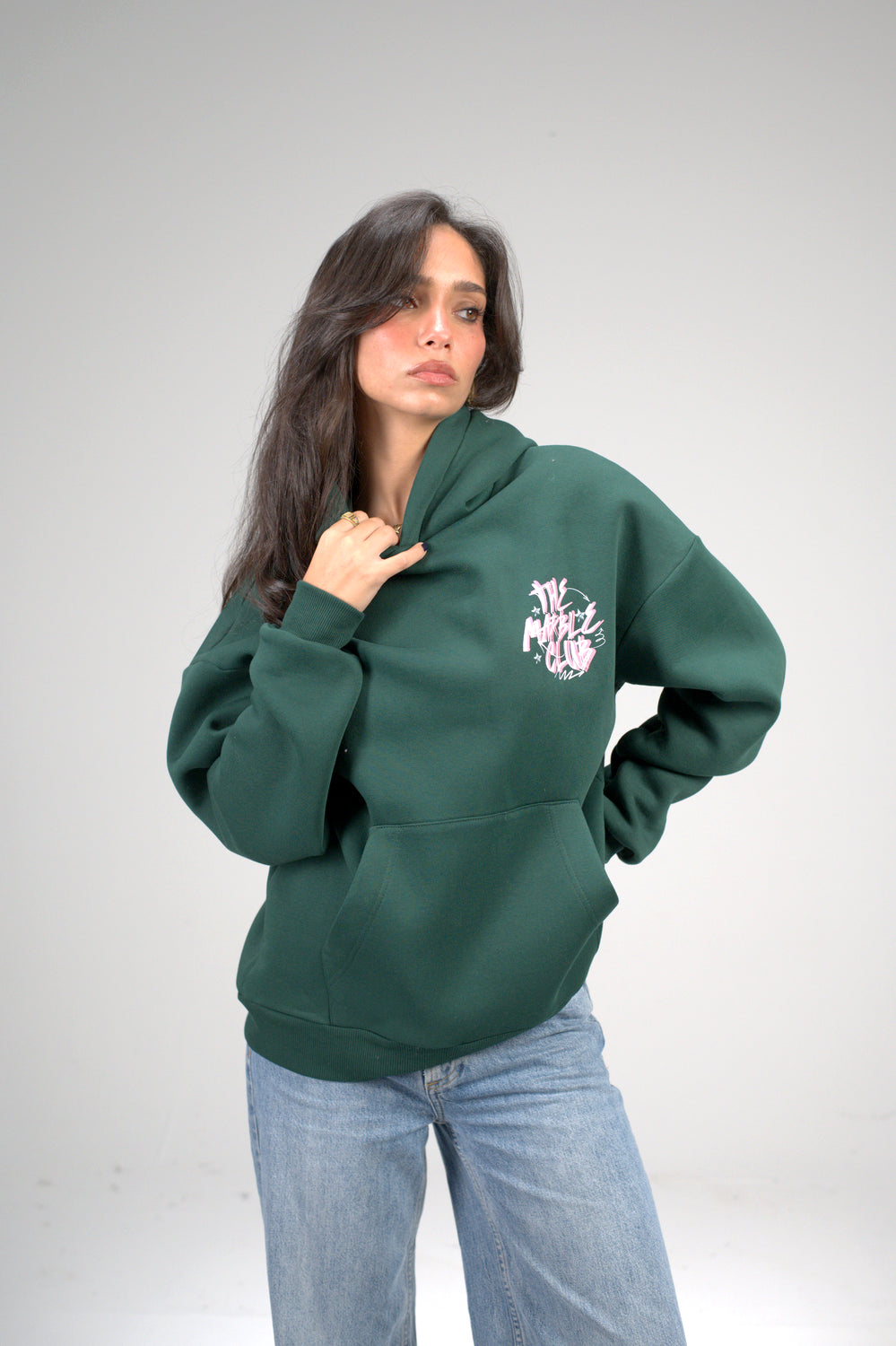 Dark Green “The Marble Club” Printed Oversized Hoodie