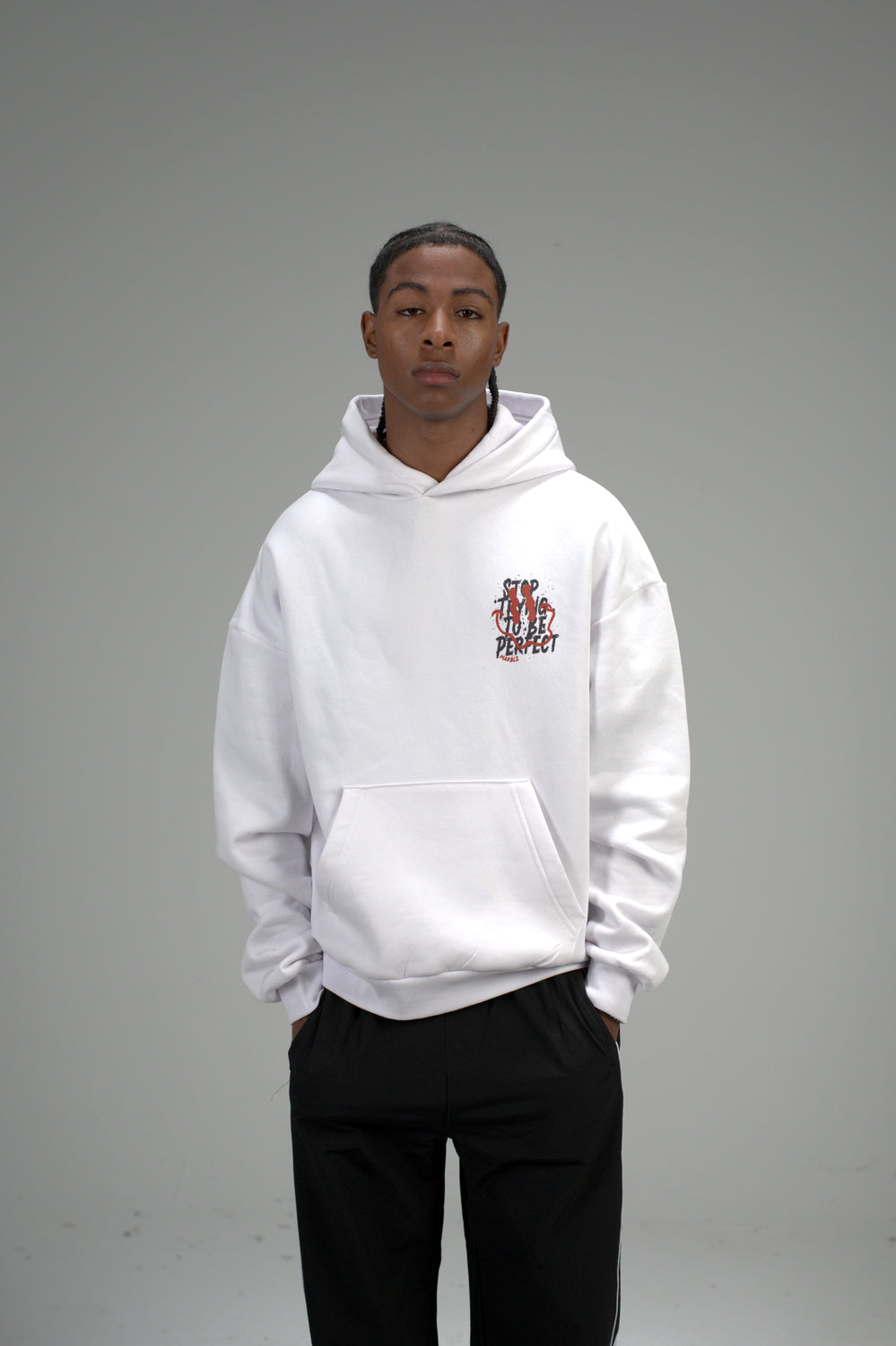 White “Stop Trying To Be Perfect” Printed Oversized Hoodie