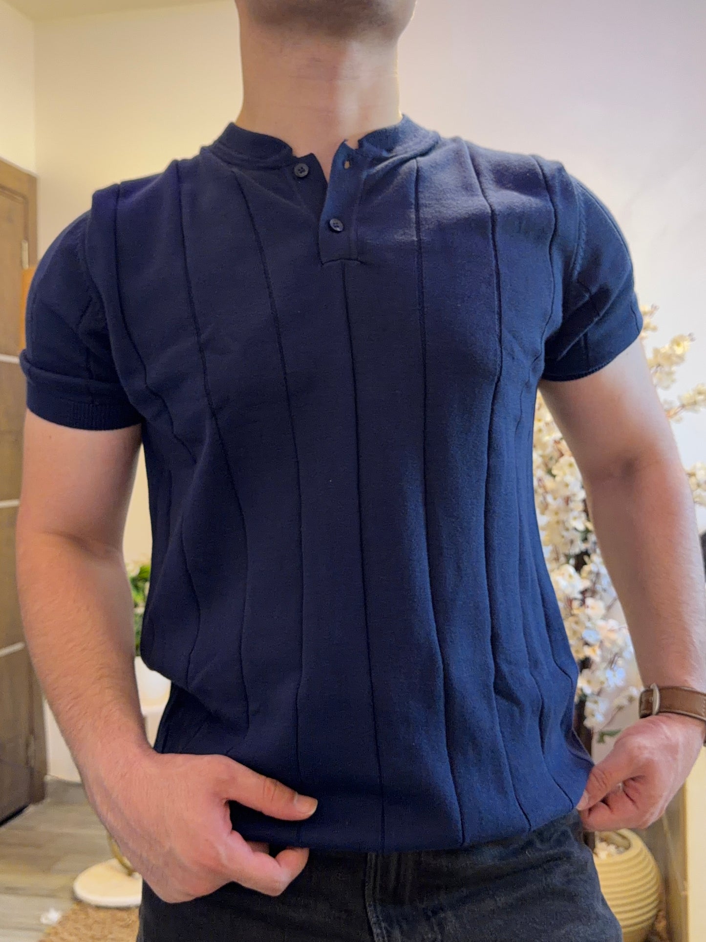 Vertical Rib Henley Knit - Navy Blue