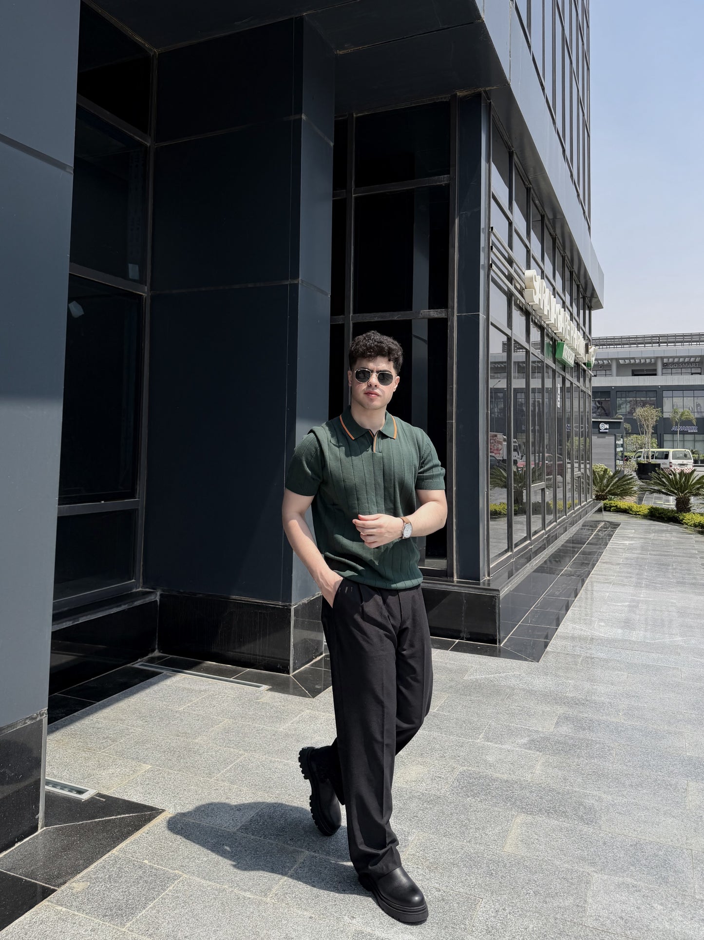 Textured Open Collar Polo - Forest Green