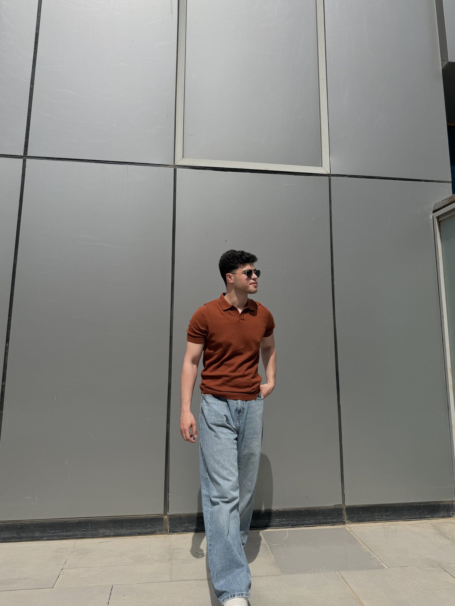Open Collar Knit Polo - Rust