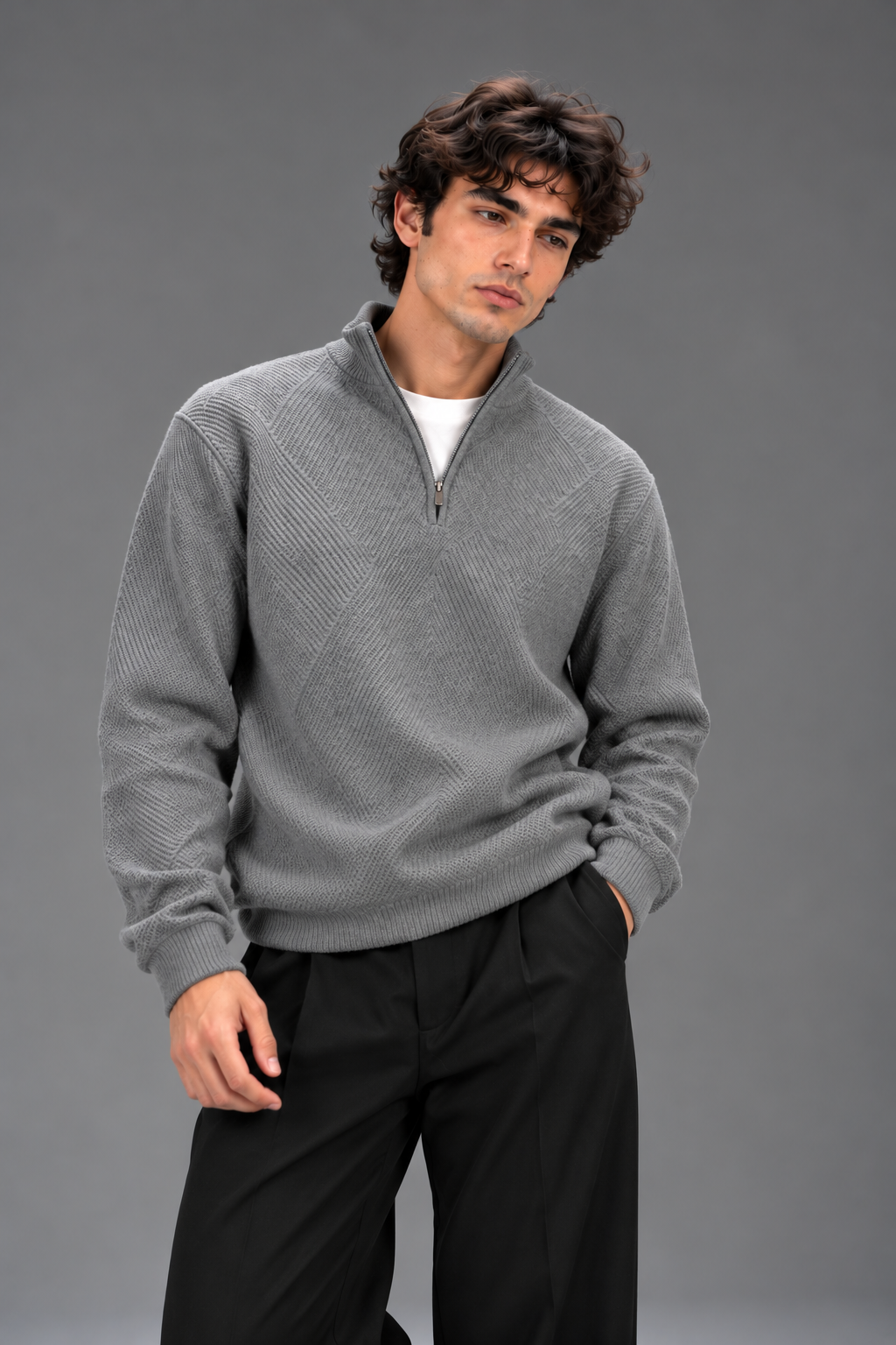 Stone Zip Knit Sweater – Textured Pattern