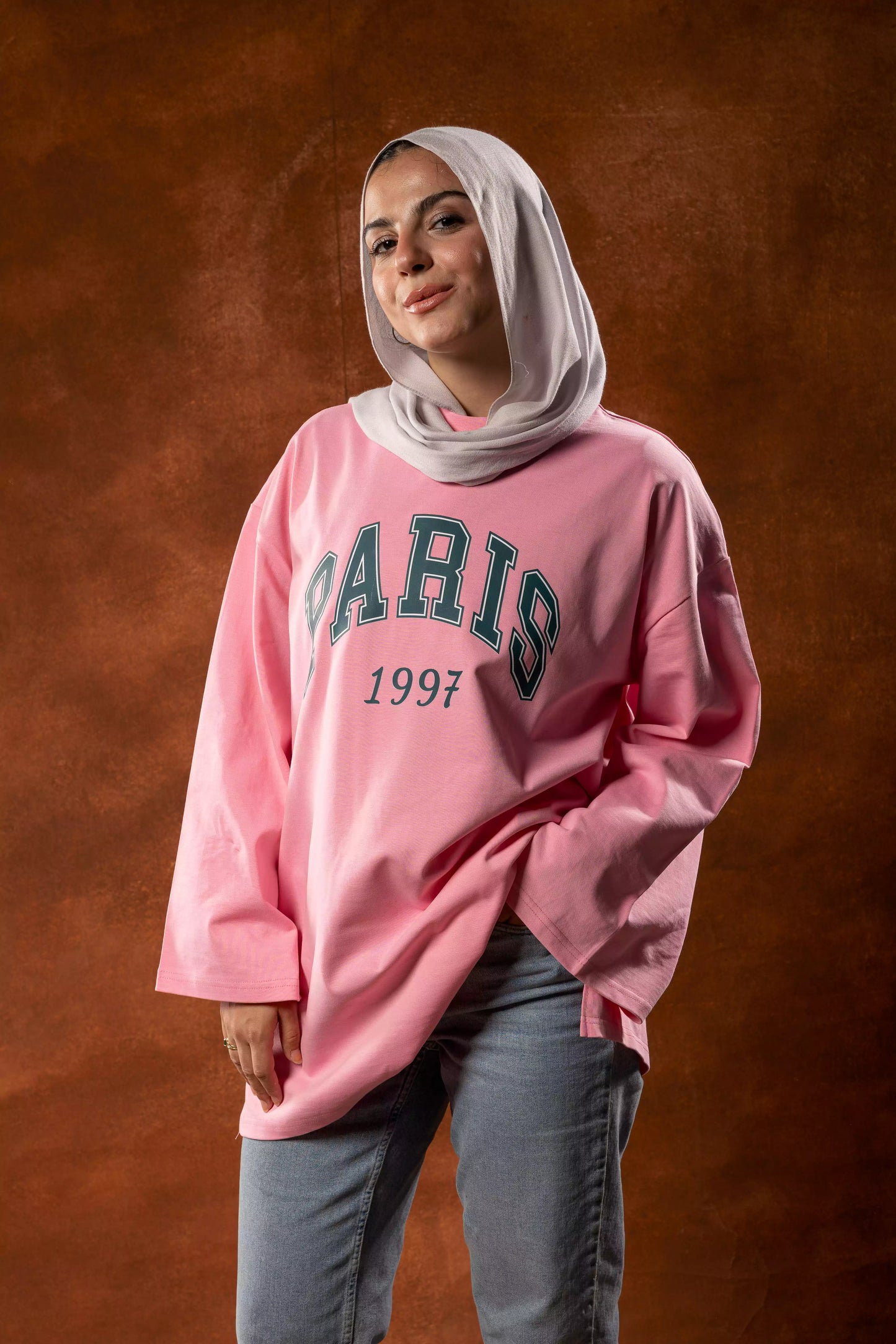 Printed Pink long sleeves oversized T-shirt