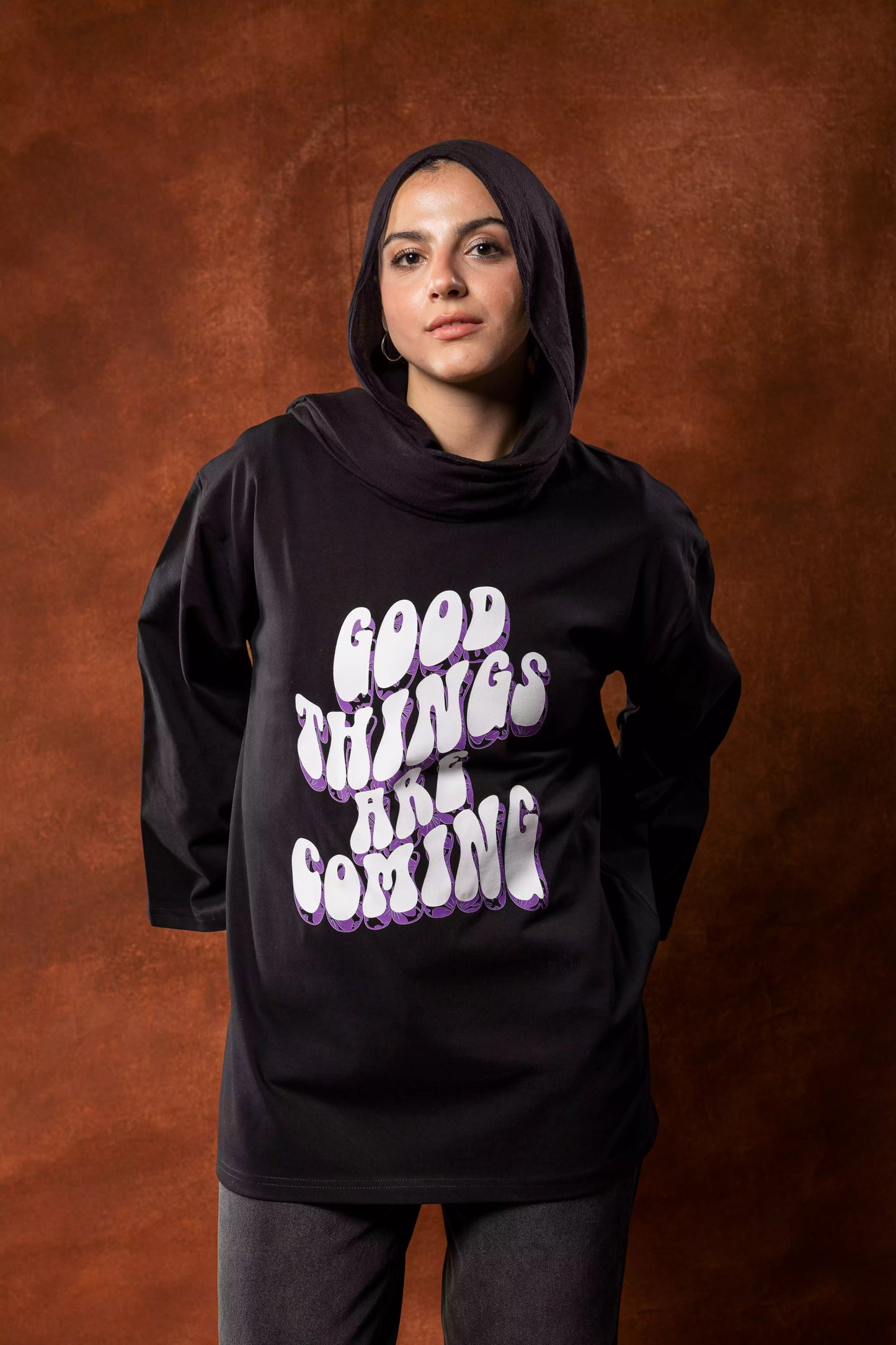 Printed Black long sleeves oversized T-shirt