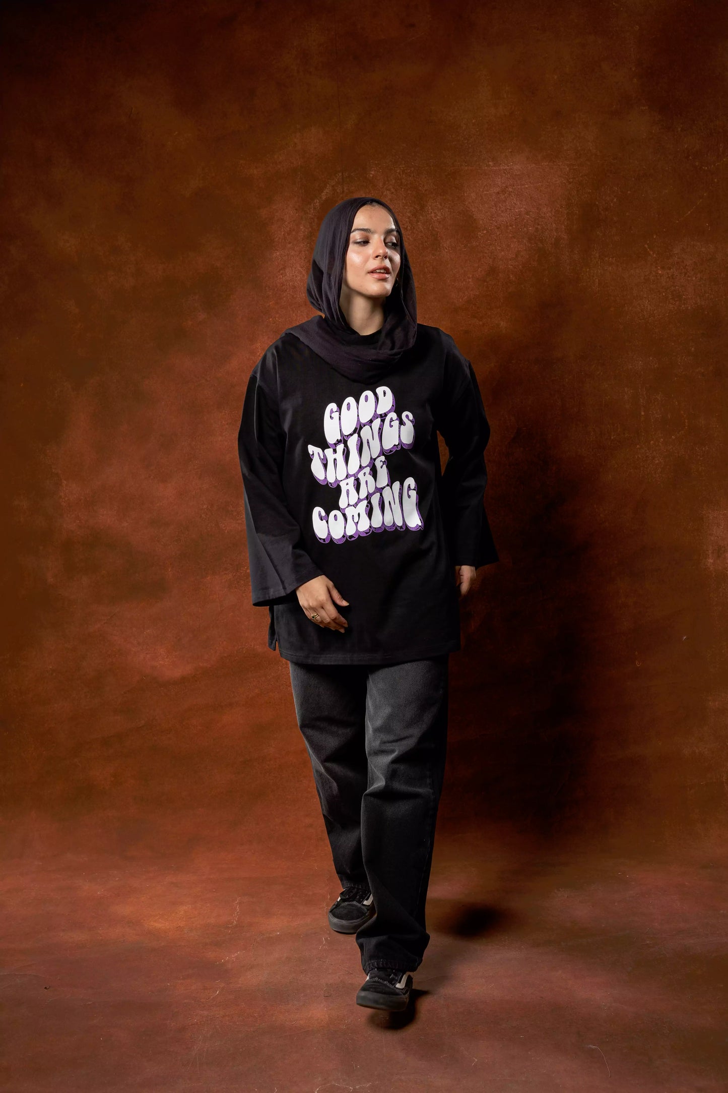 Printed Black long sleeves oversized T-shirt