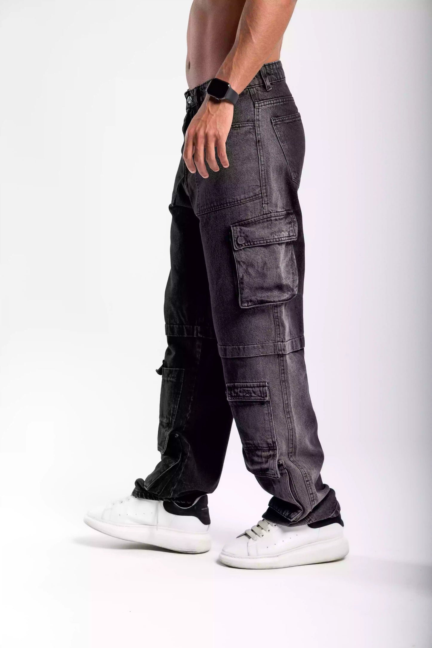Black wide leg jeans unisex with pockets