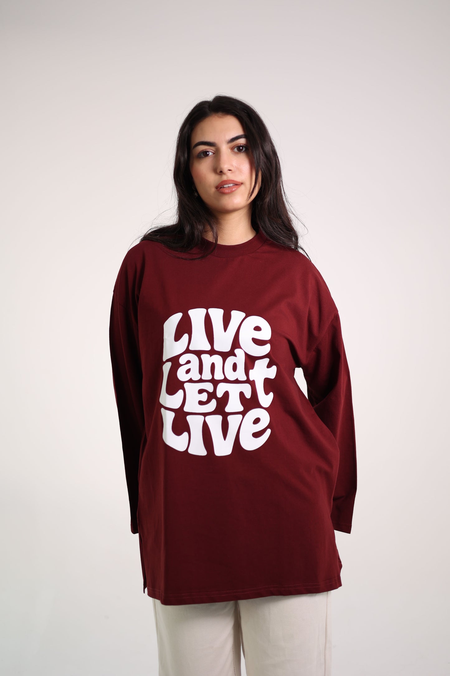 Printed Maroon long sleeves oversized T-shirt