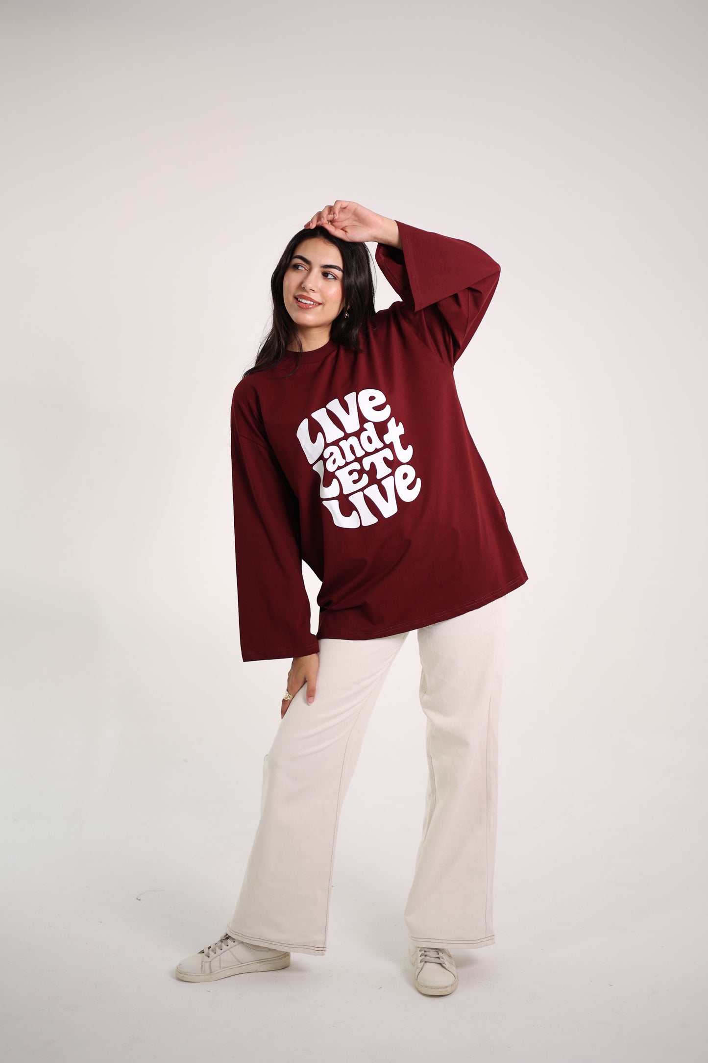 Printed Maroon long sleeves oversized T-shirt