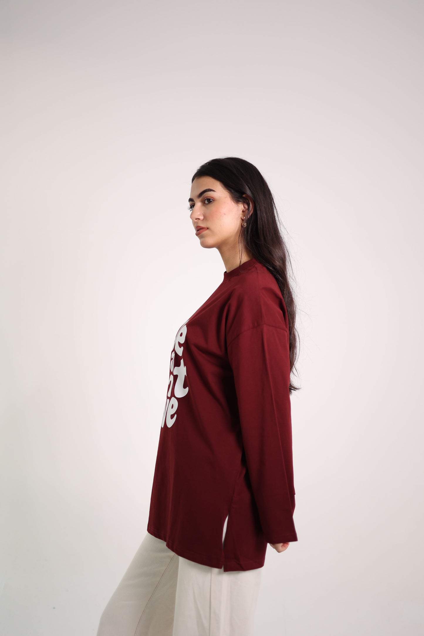 Printed Maroon long sleeves oversized T-shirt