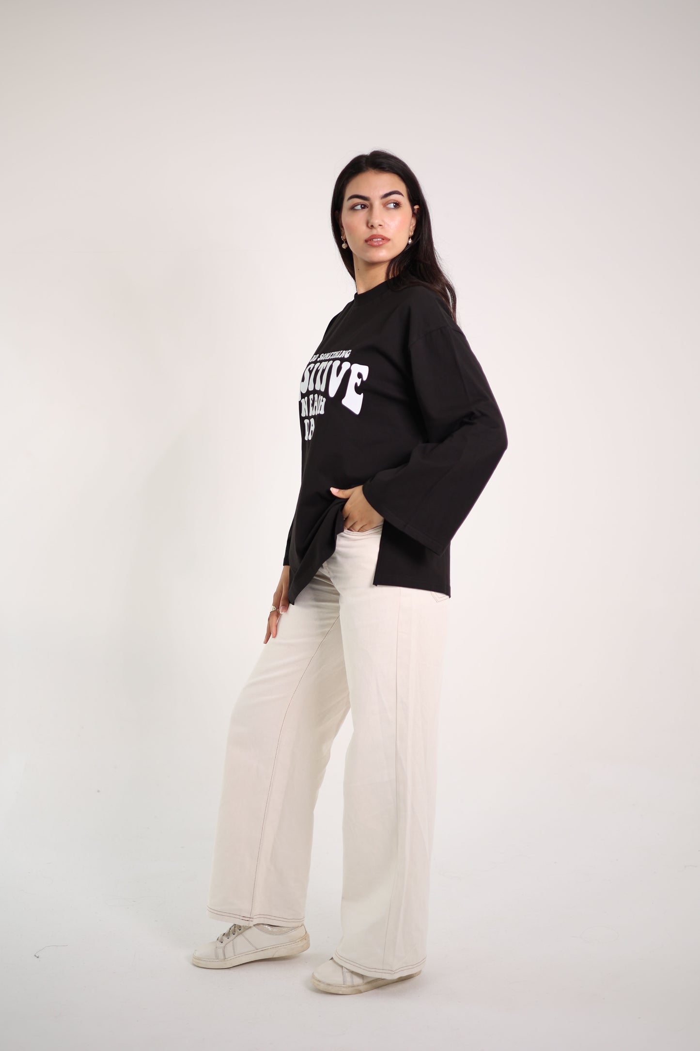 Printed Black long sleeves oversized T-shirt