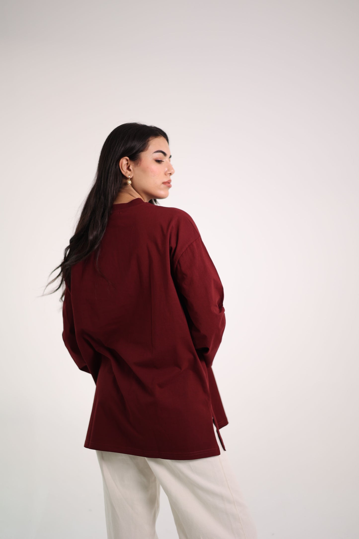 Printed Maroon long sleeves oversized T-shirt
