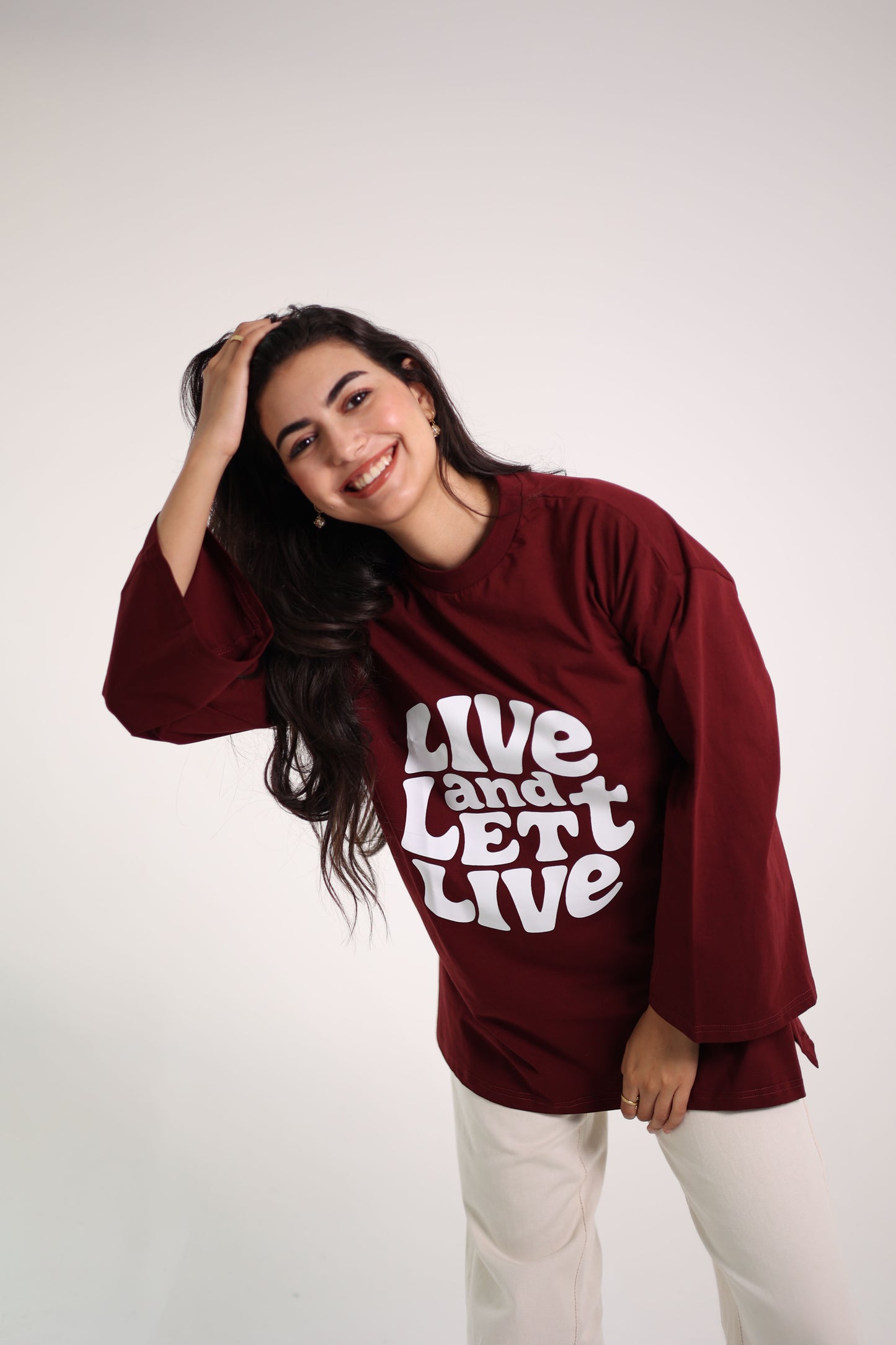 Printed Maroon long sleeves oversized T-shirt