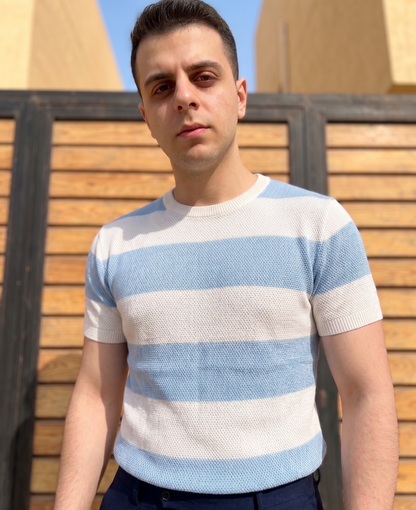 Bold Striped Knit T-Shirt - Sky Blue & White