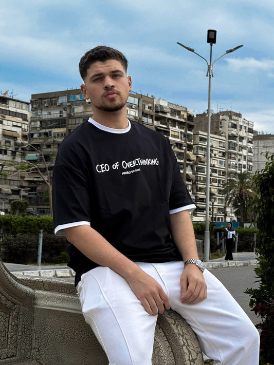 Black & White “CEO OF OVERTHINKING” Ringer Oversized T-Shirt