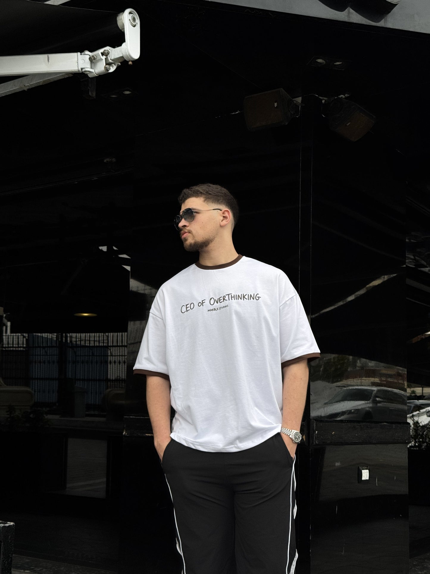 White & Brown “CEO OF OVERTHINKING” Ringer Oversized T-Shirt