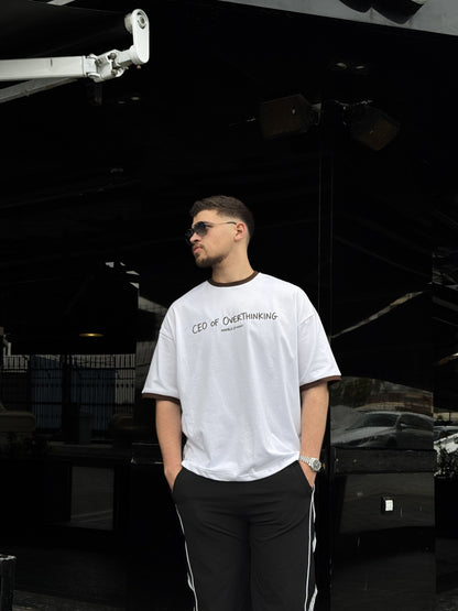 White & Brown “CEO OF OVERTHINKING” Ringer Oversized T-Shirt