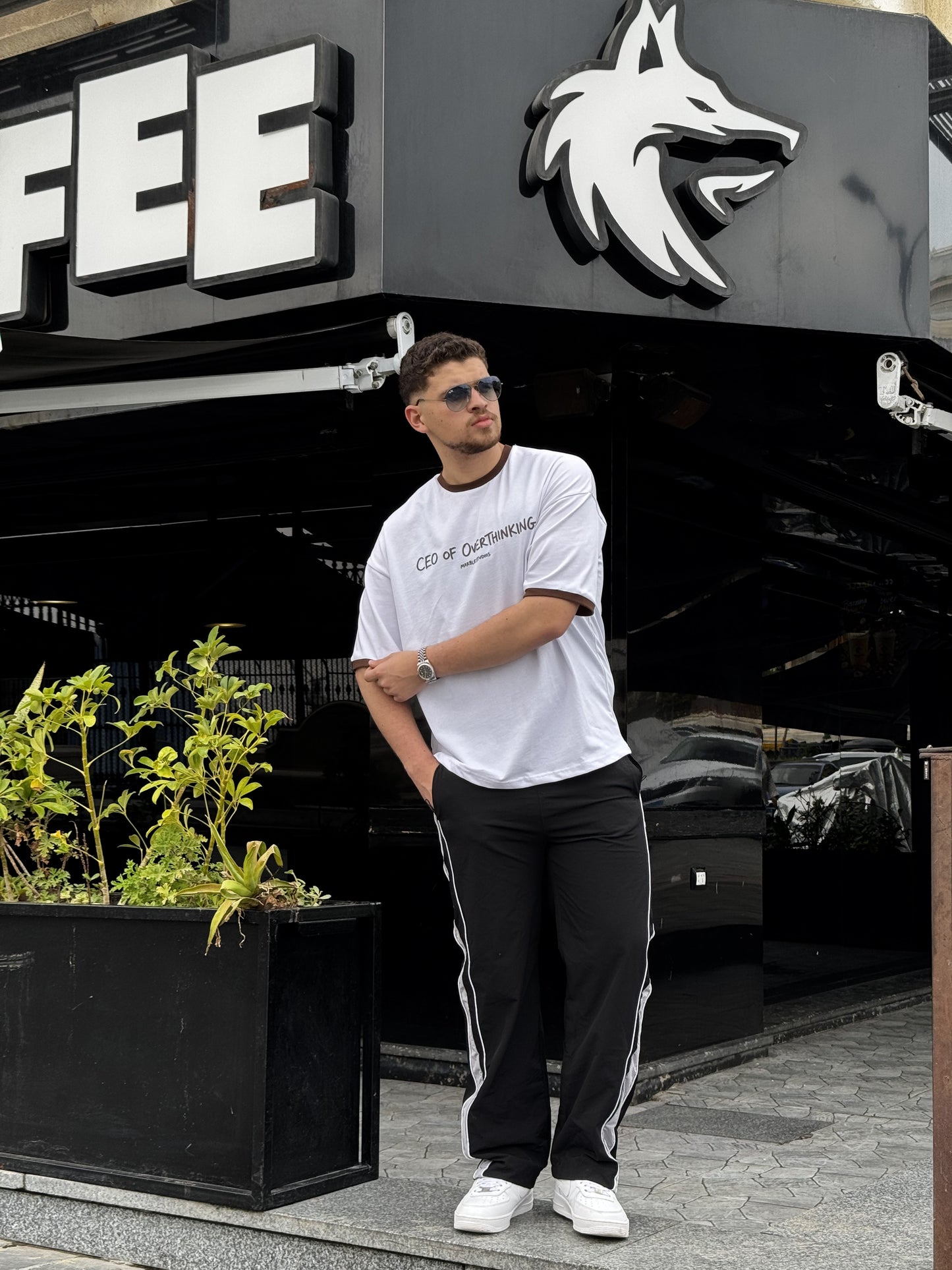 White & Brown “CEO OF OVERTHINKING” Ringer Oversized T-Shirt