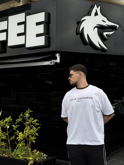 White & Brown “CEO OF OVERTHINKING” Ringer Oversized T-Shirt