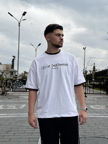 White & Brown “CEO OF OVERTHINKING” Ringer Oversized T-Shirt