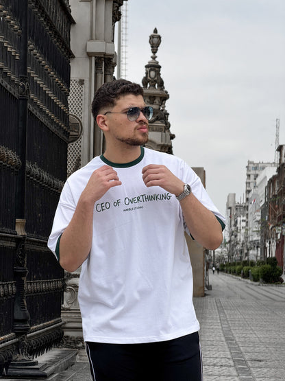 White & Dark Green “CEO OF OVERTHINKING” Ringer Oversized T-Shirt