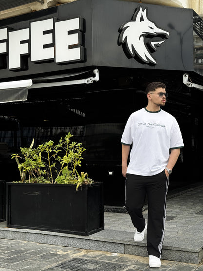 White & Dark Green “CEO OF OVERTHINKING” Ringer Oversized T-Shirt