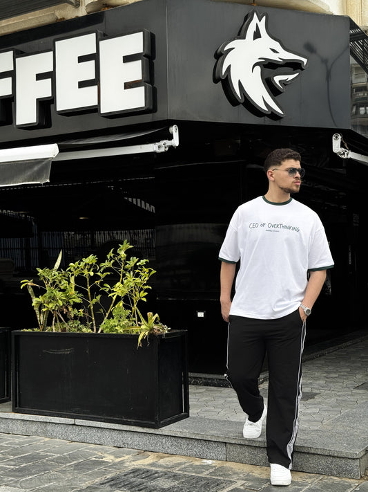 White & Dark Green “CEO OF OVERTHINKING” Ringer Oversized T-Shirt