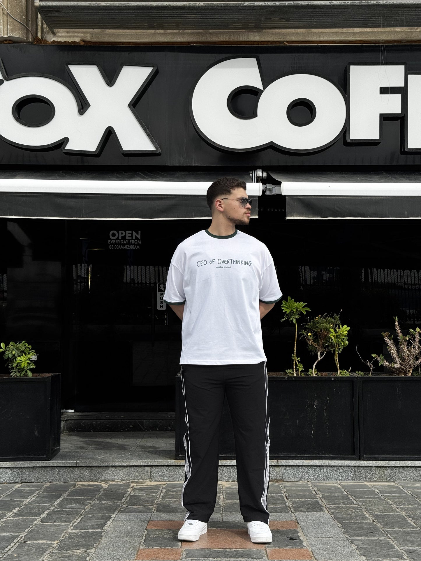 White & Dark Green “CEO OF OVERTHINKING” Ringer Oversized T-Shirt