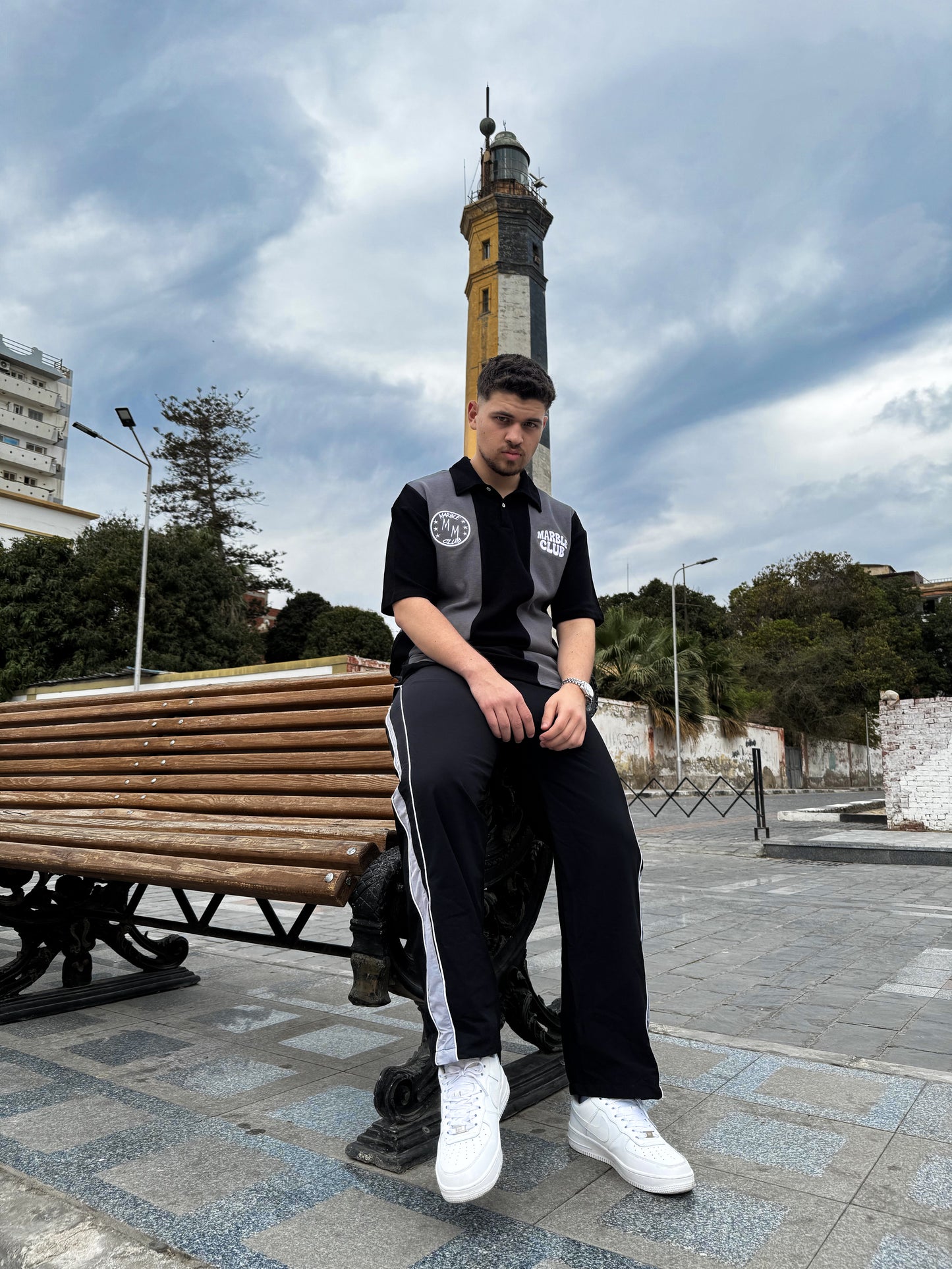 Black & Grey “Marble Club” Oversized Polo T-Shirt