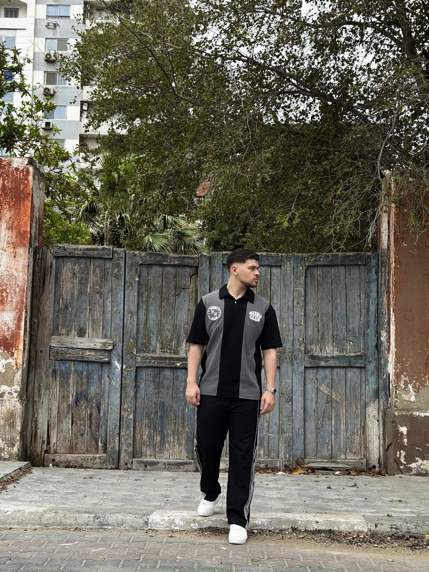Black & Grey “Marble Club” Oversized Polo T-Shirt