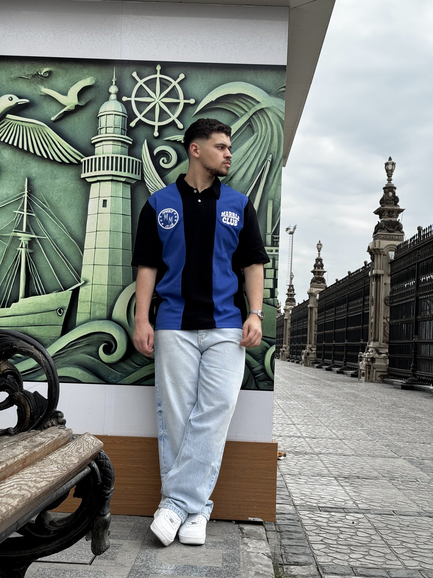 Blue & Black “Marble Club” Oversized Polo T-Shirt