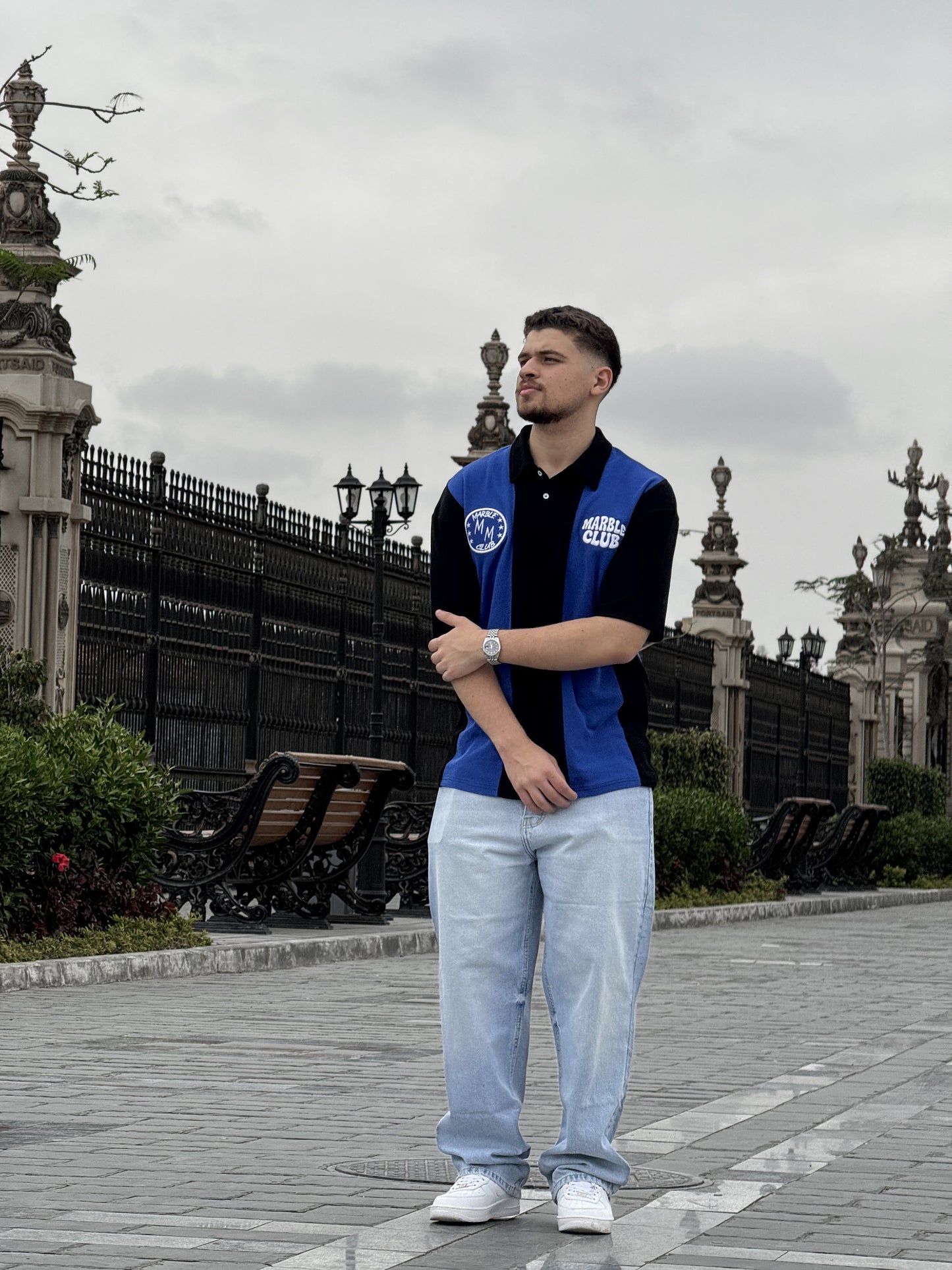 Blue & Black “Marble Club” Oversized Polo T-Shirt