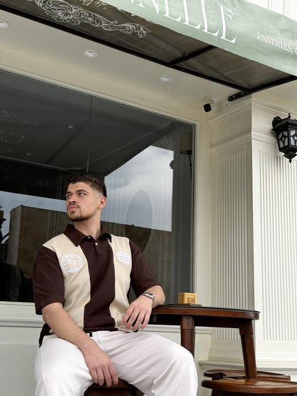 Beige & Brown “Marble Club” Oversized Polo T-Shirt