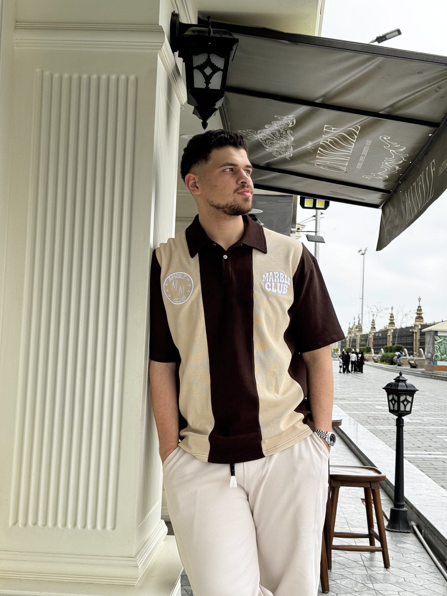 Beige & Brown “Marble Club” Oversized Polo T-Shirt