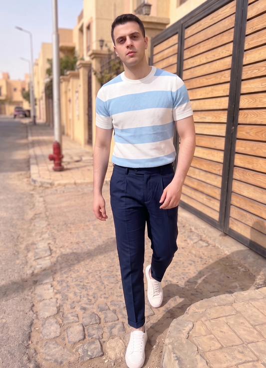 Bold Striped Knit T-Shirt - Sky Blue & White