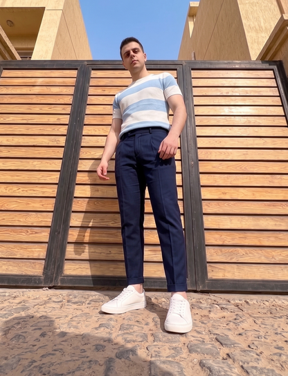 Bold Striped Knit T-Shirt - Sky Blue & White
