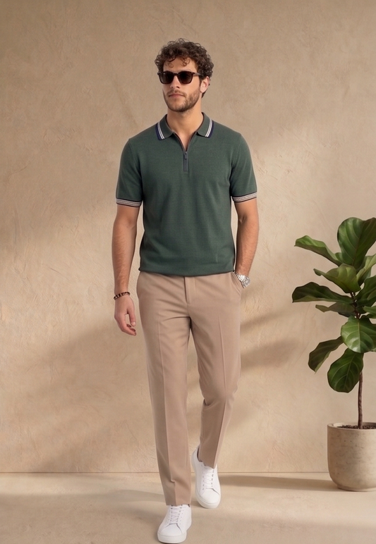 Tipped Half-Zip Knit Polo - Forest Green